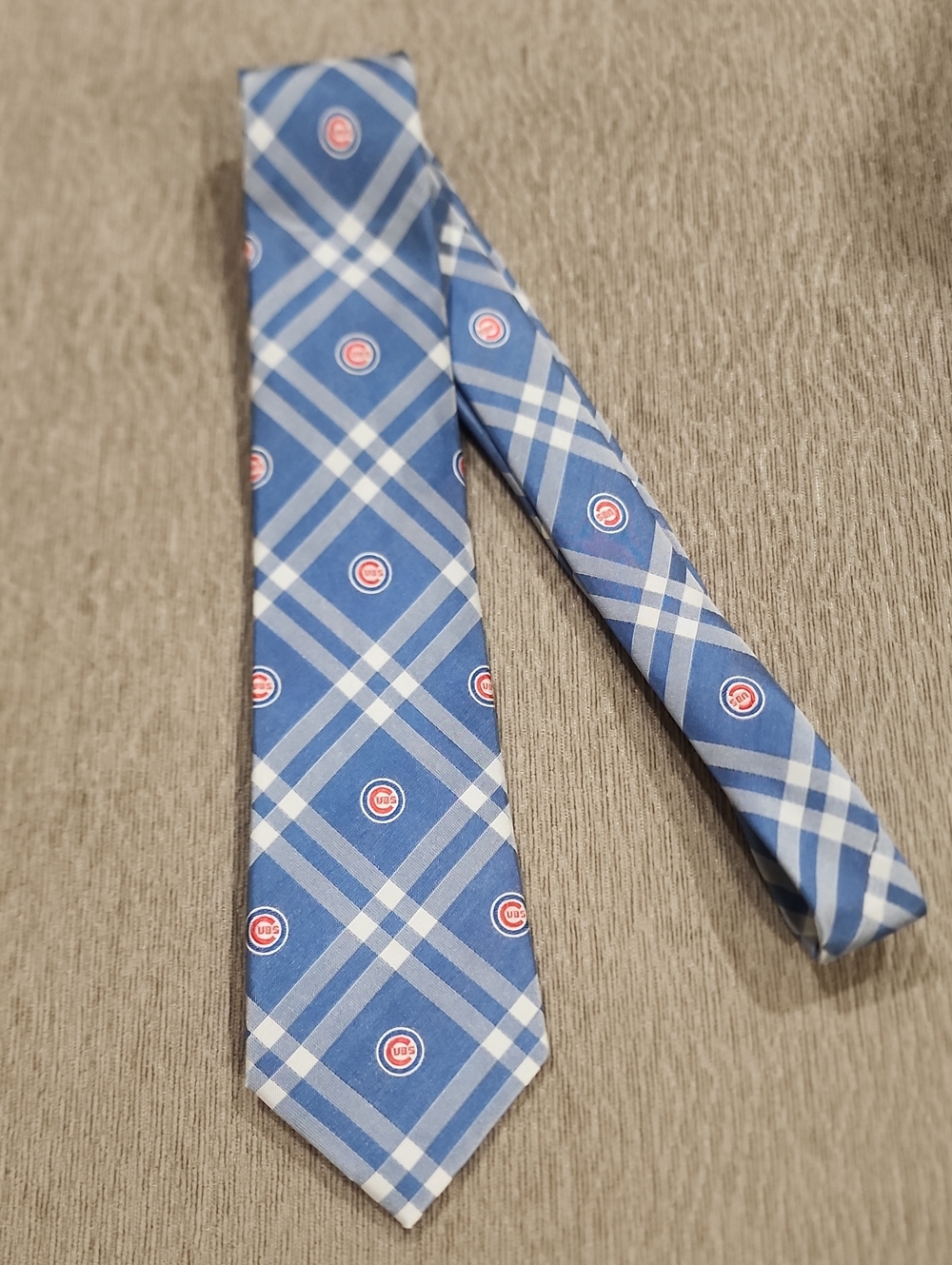 Chicago Cubs Blue Plaid Men's Tie with Red Cubs Logo Accents - MLB